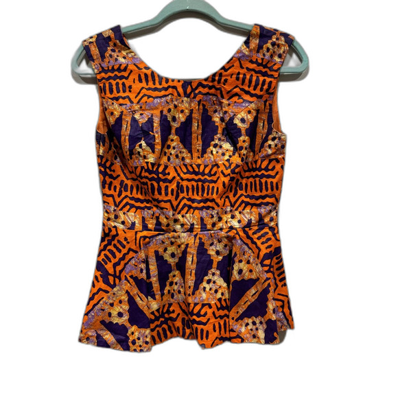 Blouse Sleeveless Handmade Peplum Top Orange Purple African Print Women sz Small - Picture 1 of 4